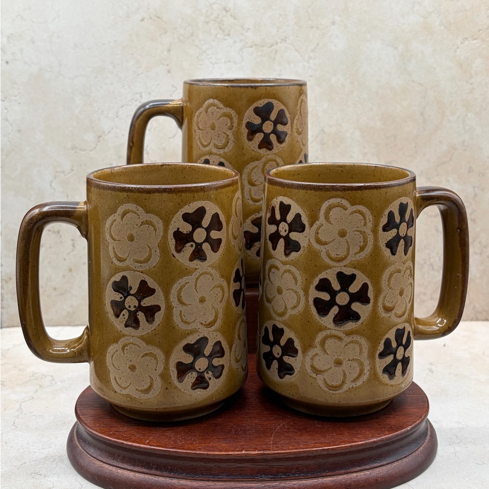 Set Of 3 Speckled 1960's Otagiri Earthtone Floral Tall Mugs Hand Painted Japan